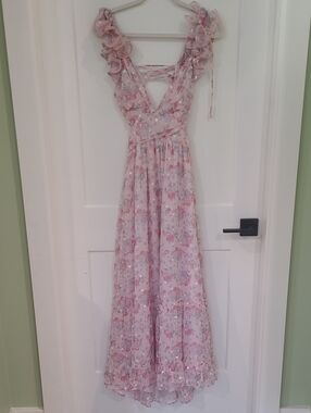 Storia Pink Floral Ruffle Strap Backless Maxi Dress